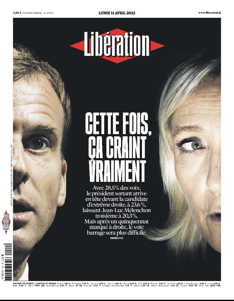 libe's tweet photo. À la une de Libération ce lundi : 

🔴 Cette fois, ça craint vraiment 

https://t.co/nj2k4mQp7h 
#Presidentielles2022 https://t.co/sjrITWKjuK