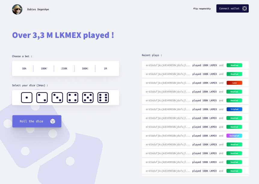 BabiesDegen's tweet photo. Today is a good day #Elrond 🦧

Our game is  now online, you can now try to double, triple or sextuple your $LKMEX 🔥

Finally a way to have fun with your LKMEX that were left at the bottom of your wallet❤️

May the luck be with you #ElrondCommunity 🍀

https://t.co/TCYEM1Ooce https://t.co/AoNOVxVe5F
