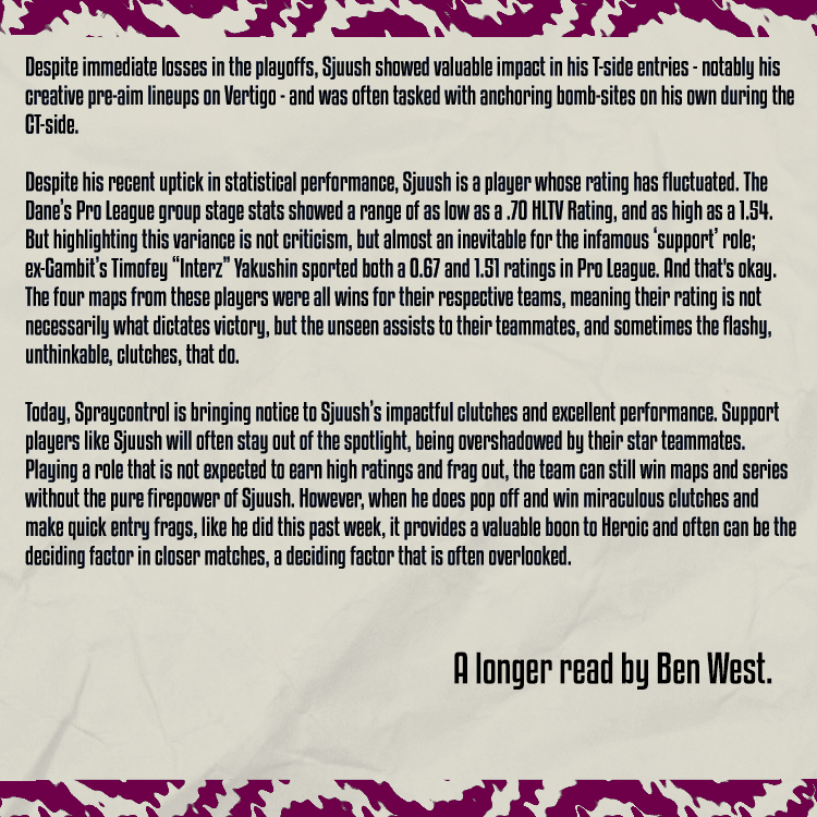 spraycontrolcs's tweet photo. 🖊️ It's Sunday, and it's time for our #PlayeroftheWeek , brought to you by Spraycontrol's @ben__west !

This week, @SjuushCSGO 's clutches and consistency wins him the achievement!

#counterstike #esports #csgo https://t.co/xO30BBJotg