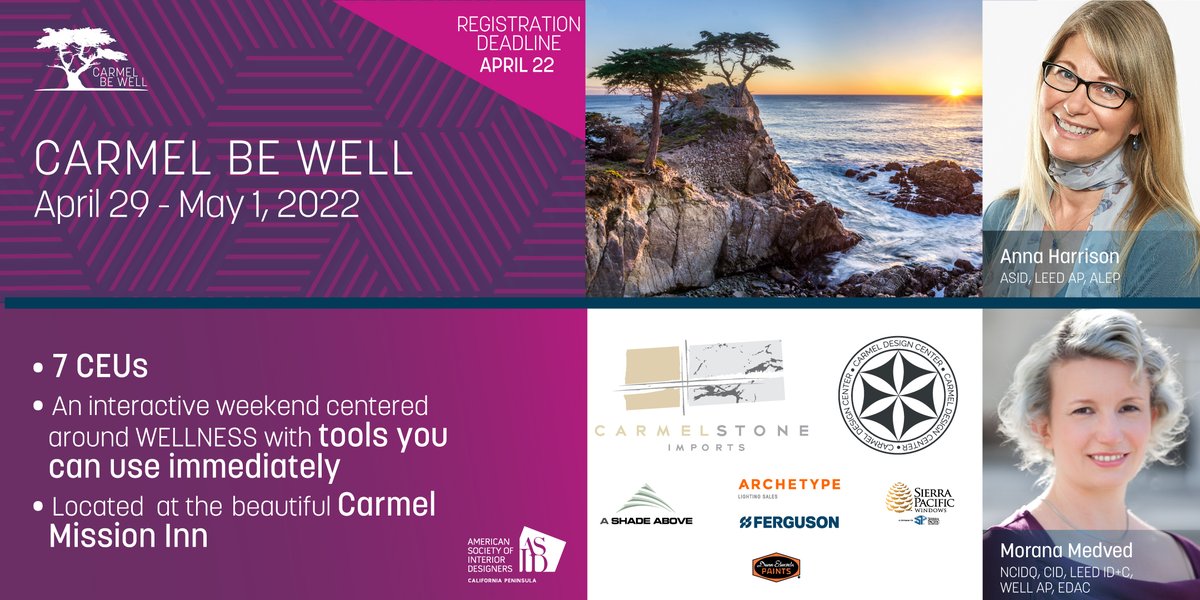 ASIDCAPen's tweet photo. The Carmel BE WELL event is just a few weeks away. Don’t miss the opportunity to earn 7 CEU credits in one weekend! Topics will include: lighting, well-being in the kitchen and bath, window coverings, and the 3 CEU interactive BE WELL workshop. https://t.co/bPQKPpl1e1 https://t.co/Vlhu3yoqxS