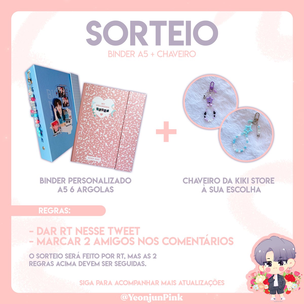 YeonjunPink's tweet image. **SORTEIO**

Regras:
- RT nesse tweet
- Marcar 2 amigos nos comentários

O sorteio será feito na terça-feira 12/04, e o ganhador poderá escolher a personalização do binder e do chaveiro!