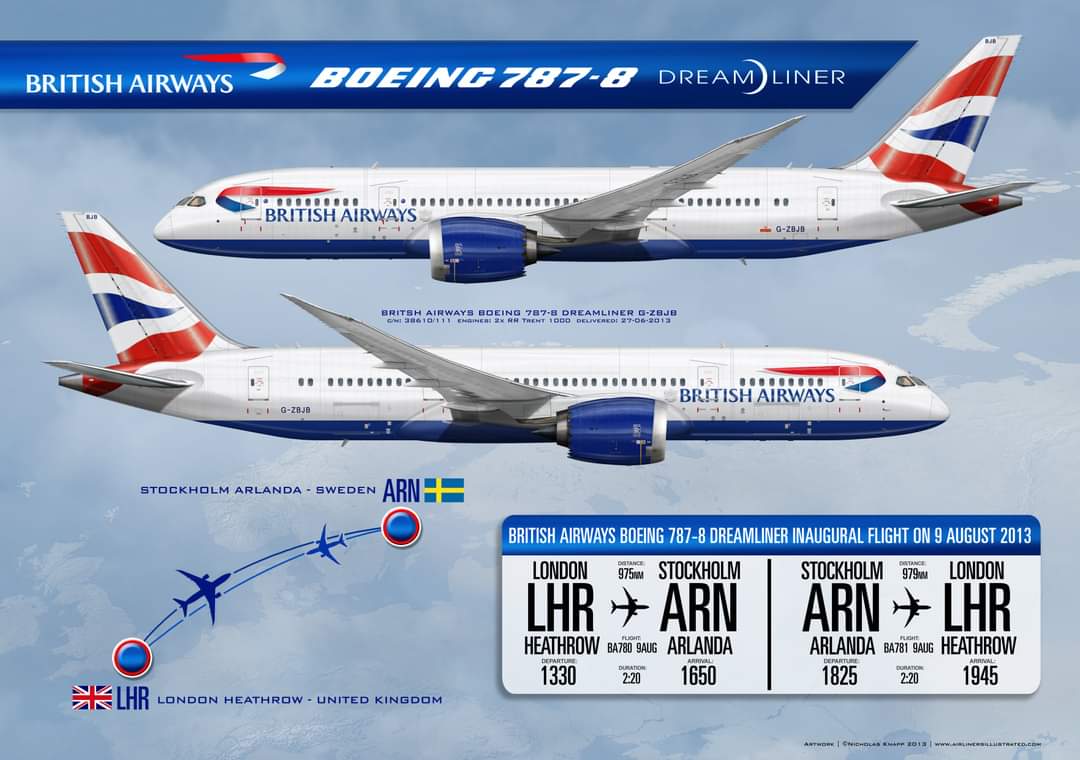 Custom Made Artwork I created for the Inaugural Flight of the <a href="/British_Airways/">British Airways</a> Dreamliner. LHR-ARN BA780/ARN-LHR BA781 on 9th August 2013. G-ZBJB
Both sides of the aircraft illustrated with the famous Dreamliner curved Wing Flex.
Requests: nick@airlinersillustrated.com