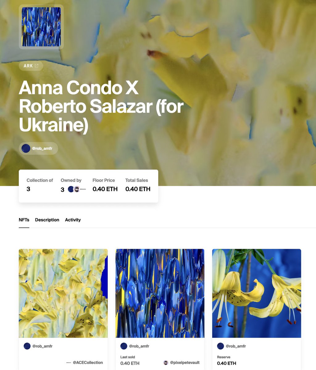 a1111ac011d0's tweet photo. Roberto + I collaborated to raise funds for civilian relief in Ukraine: https://t.co/BUpDIG9kxa

@pixelpete collected 'The Facts of War'

@rob_amfr gifted 'Yellow Lillies (Approximate Correspondence)' to ACECollection

There's 1 more to go on @foundation 
https://t.co/7LQuaXcX88 https://t.co/DxhcBinS61