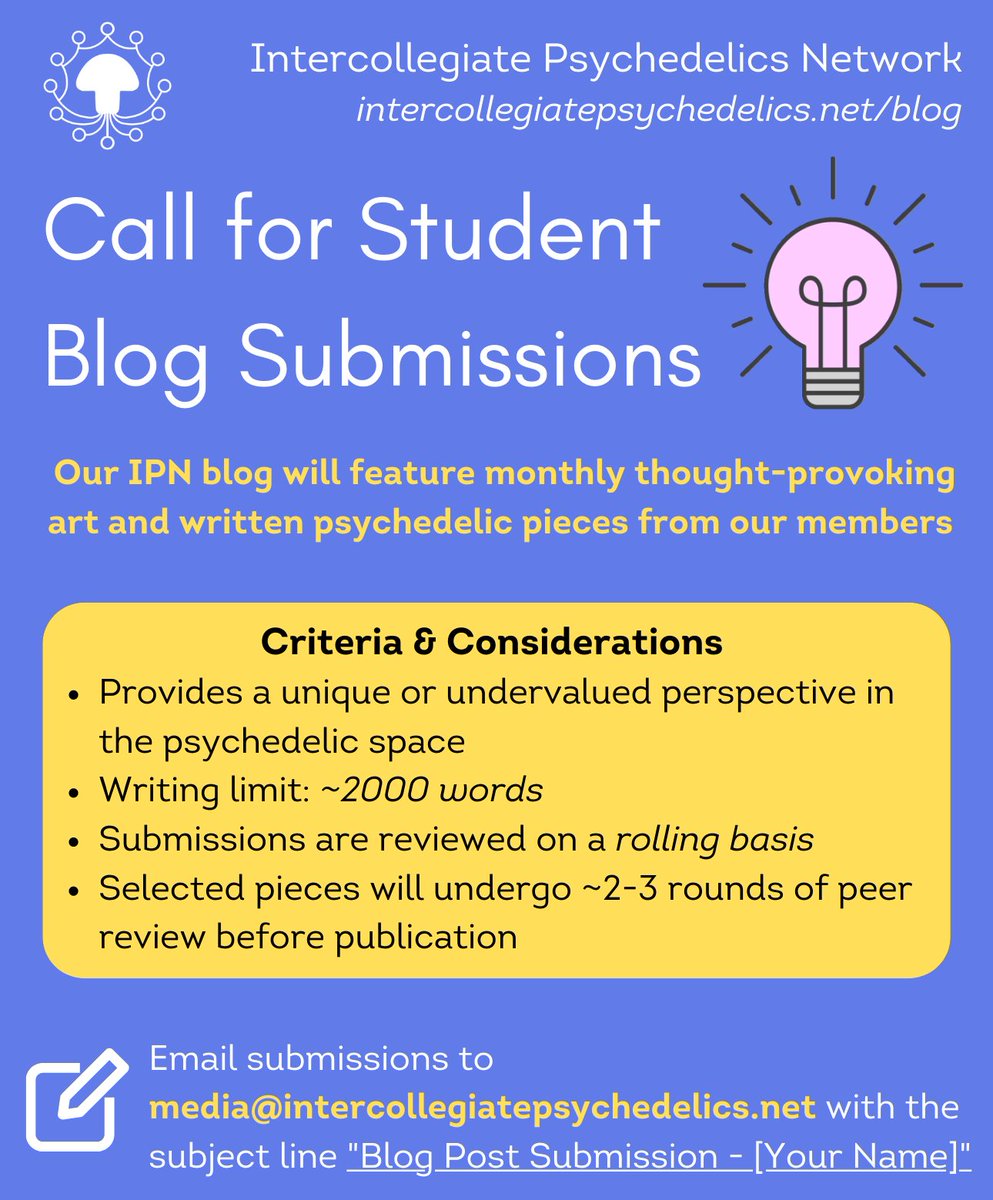 Just a reminder that IPN is now accepting blog submissions! See the infographic for the submission guidelines. If you are not yet an IPN member, it's easy to become one, find the application link in our bio! ✍️
#Psychedelics #StudentBlog