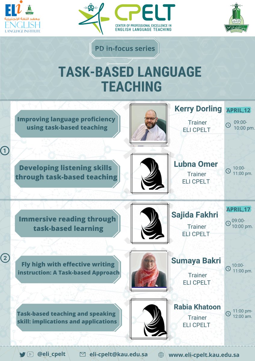 ELI_CPELT's tweet photo. #CPELT #PD in-focus series commences with the April 2022 in-house PD event, titled: “Task-Based Language Teaching”. 
This is a two-day PD event featuring five speakers.
Mark your calendar for the live webinars on April 12th &amp; 17th.
@eli_kau https://t.co/yjrBRg54Nj