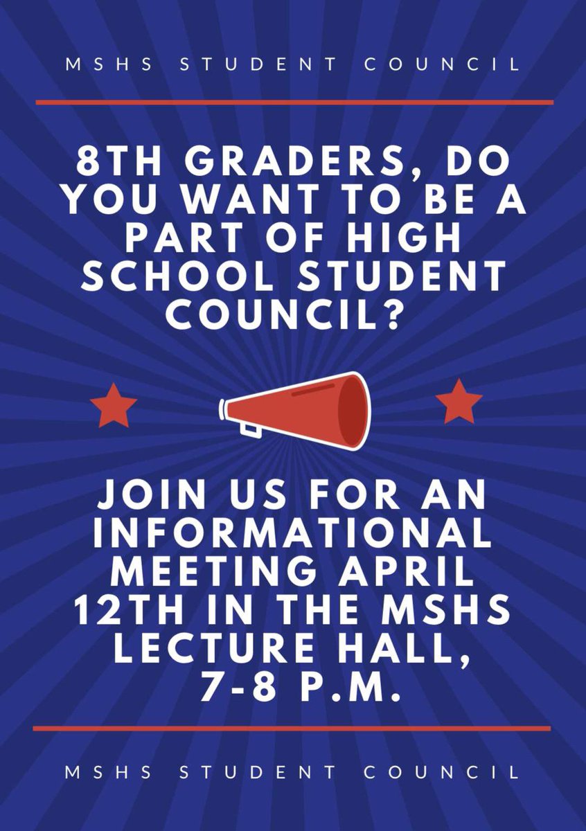 8th Graders! Do you want to be a part of Student Council? This is your chance to see what it’s like! Join us on Tuesday April, 12th in the Lecture Hall from 7-8 pm! <a href="/MSHSactivities/">Millard South Activities</a>