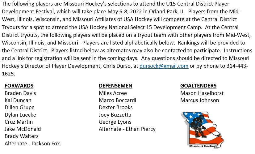 Missouri Hockey Player Development (@mohocplayerdev) on Twitter photo Congratulations to Missouri Hockey's selections to attend the 2022 U15 Central District Player Development Festival in Orland Park, IL May 6-8.
<a href="/mohockeyyd/">MO Hockey Youth Div</a> <a href="/usahockey/">USA Hockey</a> Congratulations to Missouri Hockey's selections to attend the 2022 U15 Central District Player Development Festival in Orland Park, IL May 6-8.
<a href="/mohockeyyd/">MO Hockey Youth Div</a> <a href="/usahockey/">USA Hockey</a>