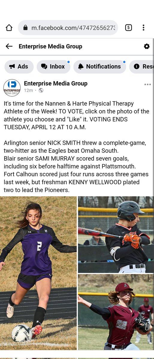 EntPubSports's tweet photo. Time for another Washington County Athlete of the Week Poll over at https://t.co/Dx57jYaYae. Follow the link to support Sami Murray, Nick Smith and Kenny Wellwood. #nebpreps #BlairNE #ArlingtonNE #FortCalhounNE https://t.co/Z0VEckBQEk