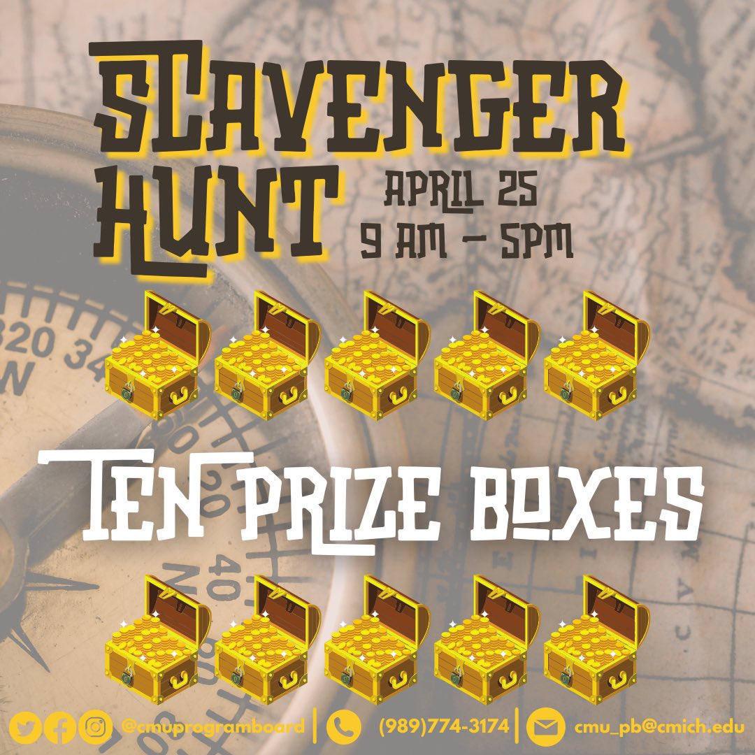 CMUProgramBoard's tweet image. Join Program Board in a campus wide Scavenger Hunt on April 25th!
You can work as individuals or as a team, and must be registered (RSVP) on Engage by April 22nd by 11:59. Keep an eye out for the engage link, will be in our bio!