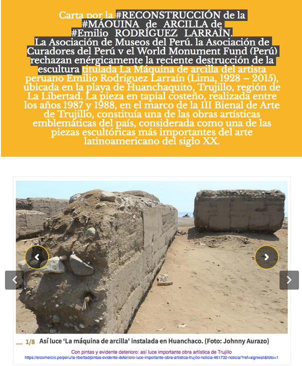 parislima's tweet photo. .@museosdelperu ::: #RECONSTRUCCIÓN de la #MÁQUINA_de_ARCILLA de #Emilio_RODRÍGUEZ_LARRAÍN.
La Asociación de Museos del Perú, la Asociación de Curadores del Perú y el World Monument Fund (Perú) #rechazan_enérgicamente la reciente #destrucción de la #escultura... @phillipsauction https://t.co/YAvUkWTuiw