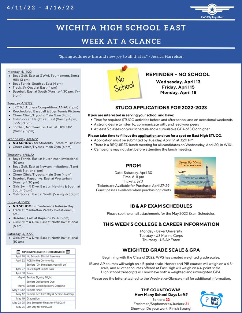 EastHighAces's tweet photo. Check your email for information and upcoming school events and activities for the week. A reminder, NO SCHOOL on 4/13, 4/15 &amp; 4/18. https://t.co/f7XVkD2ZaJ