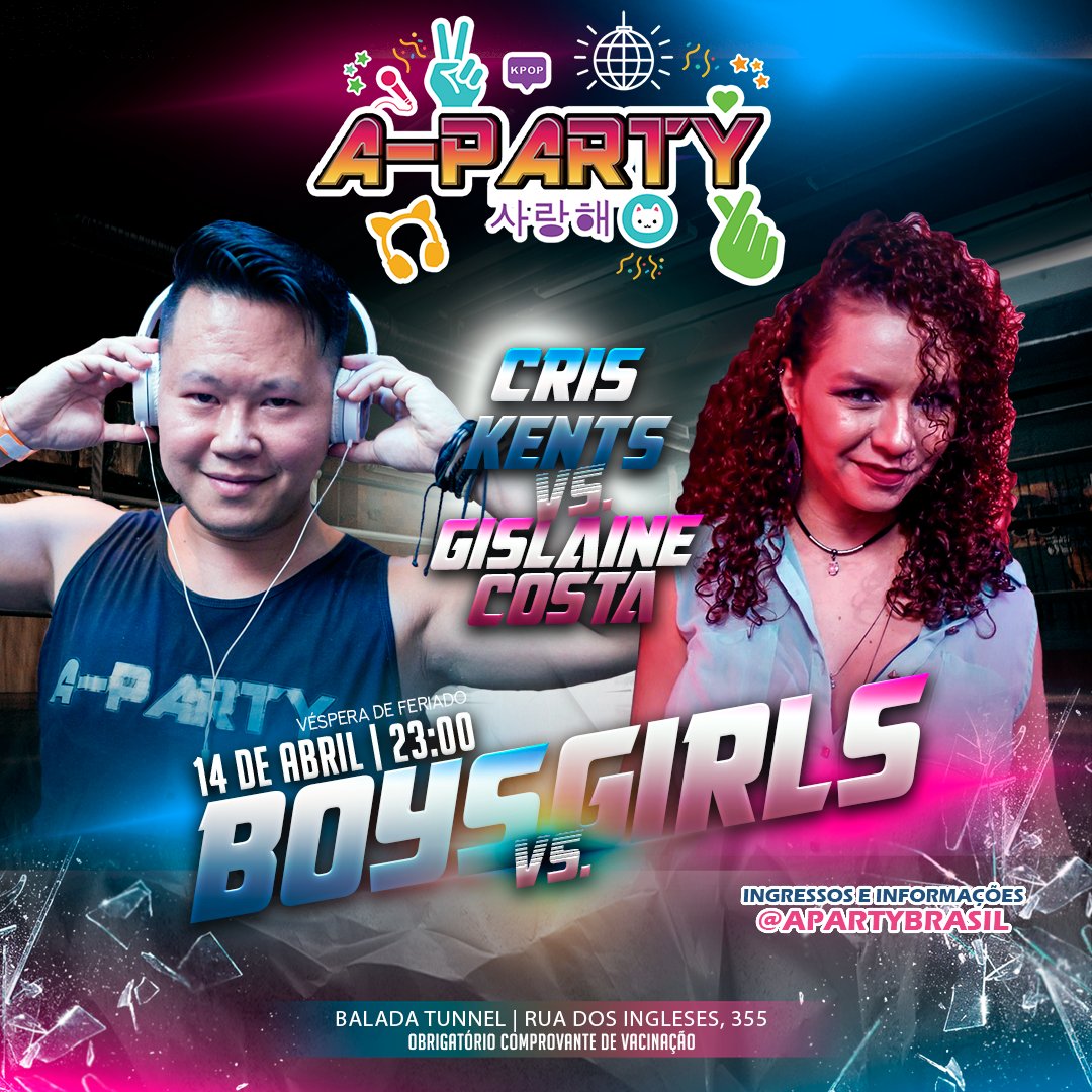 apartybrasil's tweet photo. Agora vai começar o combatchy... 🎵
Os Djs Cris Kents e Gislaine Costa vão se enfrentar em um setlist mais que especial onde cada um vai defender o seu #team favorito!!! E você é #teamboys ou #teamgirls?

#apartybrasil #apartybr #kpop #kpopparty #jpop https://t.co/Th4rCUniWx