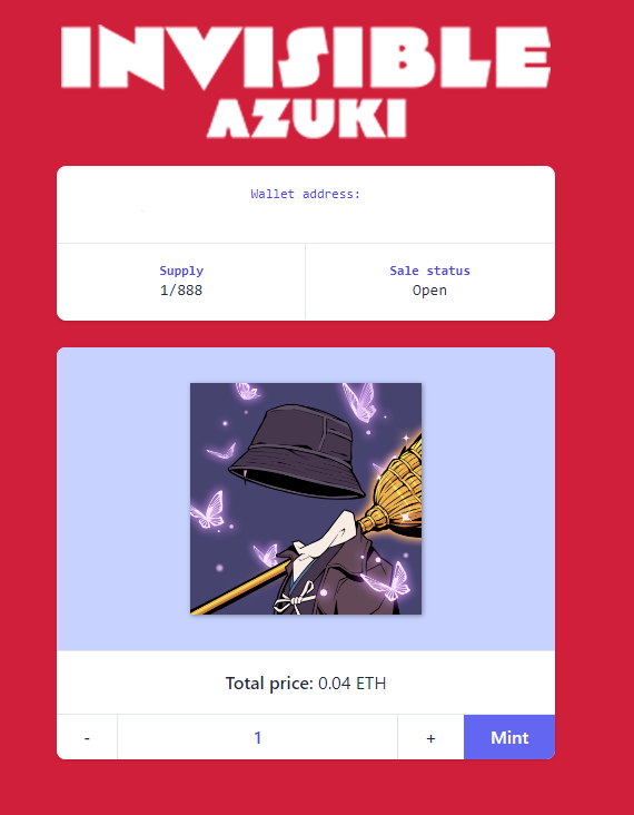 ⛩ STEALTH MINT LIVE NOW ⛩ 

ONLY 888 Invisible Azukis left to mint!!
Cost: 0.04 + Low Gas (ERC721A)

Mint--->invisibleazuki.xyz✅

#AzukiArt #Beanz #Azuki #NFT #NFTs #NFTCollection #NFTGiveaway #NFTCommunity #NFTProject #hikarinft #haki #hakinft