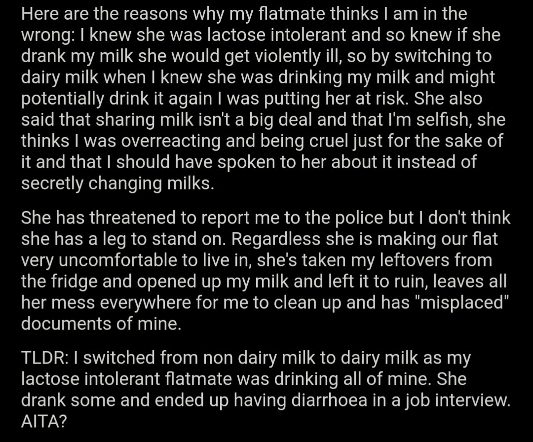 AITA for switching from non dairy to dairy milk and inadvertently making my flatmate sh!t herself in an interview? bit.ly/37Fy1SY