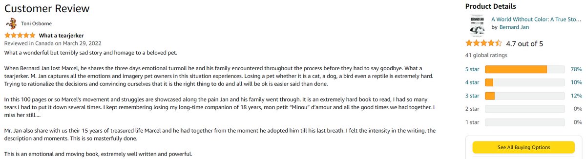BernardJanWorld's tweet photo. ⭐⭐⭐⭐⭐ Amazon Canada #review for my #truestory #AWorldWithoutColor 🐱🖤
Please read the review here 👉 https://t.co/bJBB5PZLgH
Thank you for loving it, Toni! ❤
Check out my #eBook on Amazon 👉 https://t.co/bwQNBea7Ct
#indieauthors #books #cats #cat #pets #mustreads #IARTG RT https://t.co/DE2es5bY2y