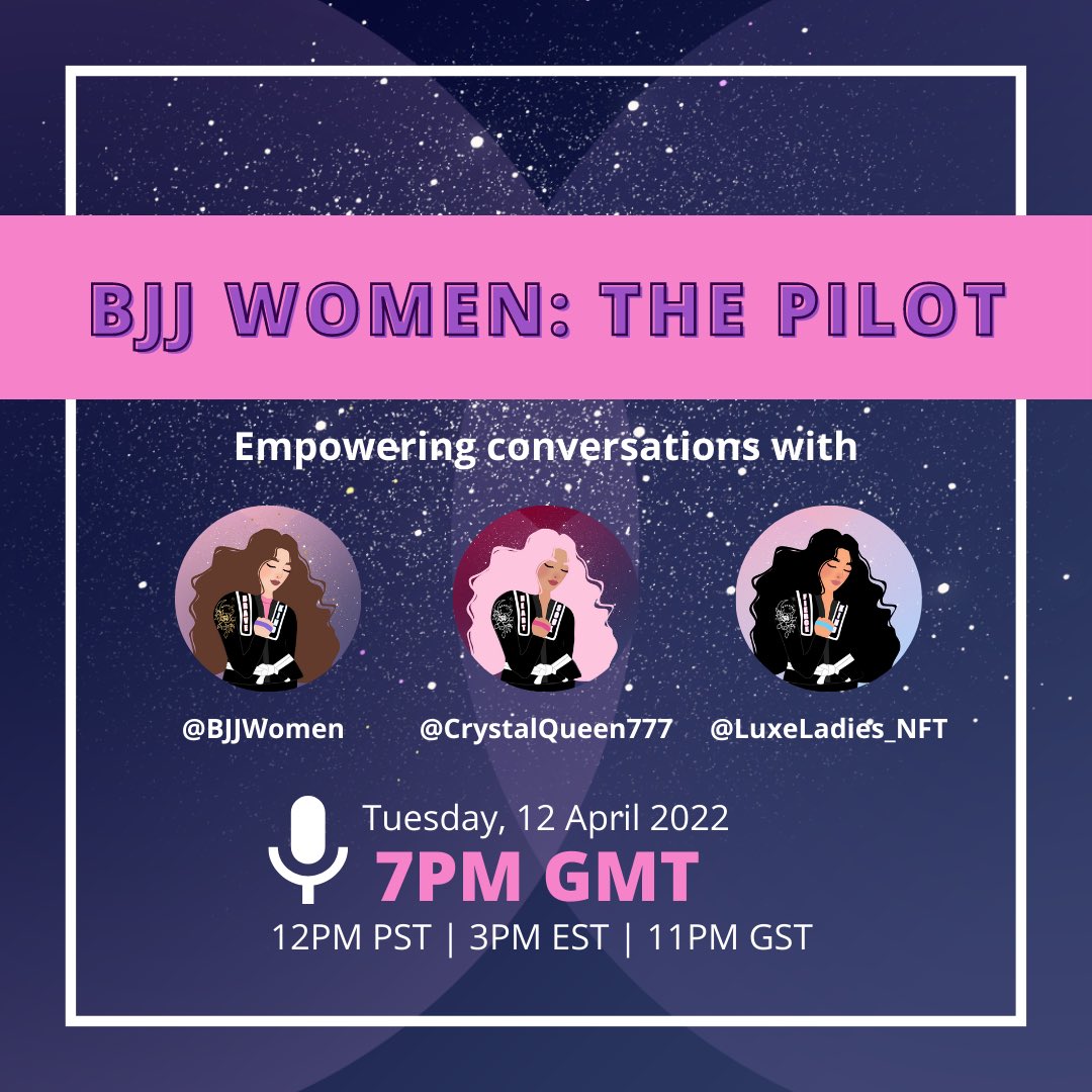 Set your reminder for the first BJJ WOMEN space 🌟 a weekly space where we talk everything self-defence, confidence and women’s empowerment 💜💪🏻 

Joining me will be the lovely and inspiring <a href="/CrystalQueen777/">Revna Bethia partner to CK</a> and @LuxeLadies_NFT 💜 

⏰ x.com/i/spaces/1dRKZ…
