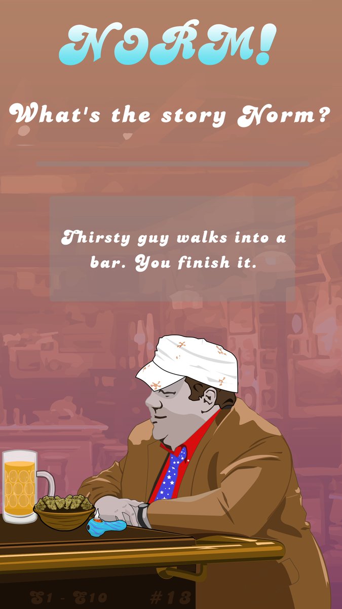 NORMNFTs's tweet photo. 🍻NORM! NFT AUCTION ALERT🍻
'Thirsty Guy' 
"What's the story Norm?"

"Thirsty guy walks into a bar. You finish it."

Join Discord to participate!
https://t.co/VsJAN1OVSV
#NORMNFTs #NFTs #Cheers #GeorgeWendt @TedDanson #ChiaBlockchain #GreenNFTs https://t.co/TIFe3c36Fi