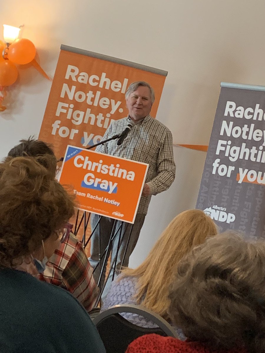 AimeeCaster's tweet photo. Former Minister Feehan of Alberta Indigenous Affairs gets us all riled up and going at the nomination for #christinagray #NDP. Woo hoo!!! #teamnotley https://t.co/x011BUbjkj