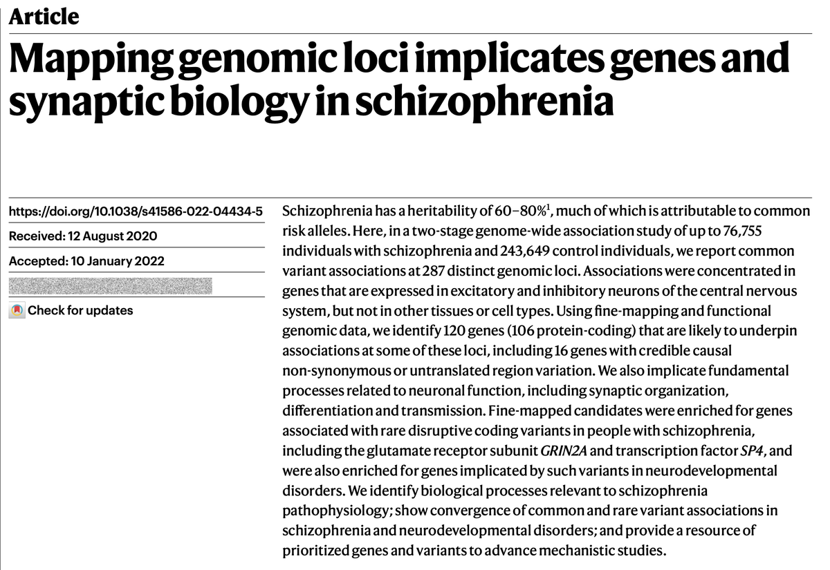 Publication of two schizophrenia papers in <a href="/Nature/">nature</a> this week by the <a href="/PGCgenetics/">PGC Consortium</a> and SCHEMA consortiums marks a new major milestone in the field of psychiatric genetics. A 🧵 on the key findings from these two landmark papers.