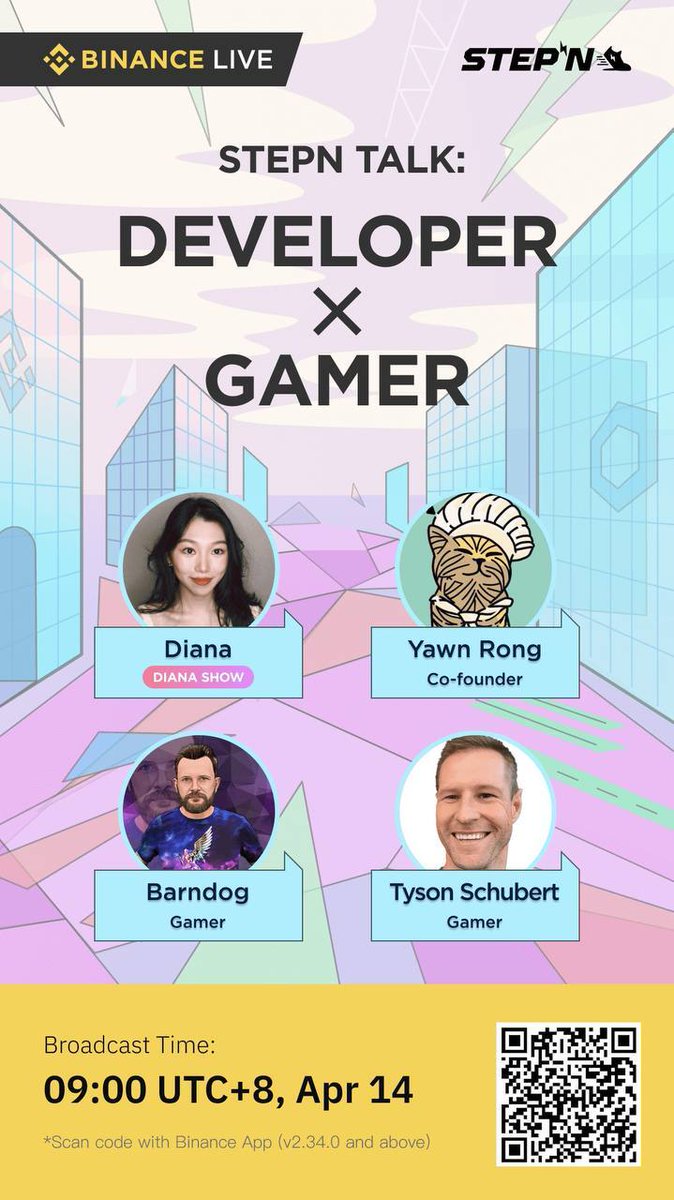 Stepnofficial's tweet photo. Join our very first Developer x Gamer Talk on 
@binance live with @Barndog_Solana &amp; @tyson_schubert 9:00 AM UTC+8, April 14.
Link: https://t.co/8AIC35z0Vc https://t.co/21ey8VNh5I