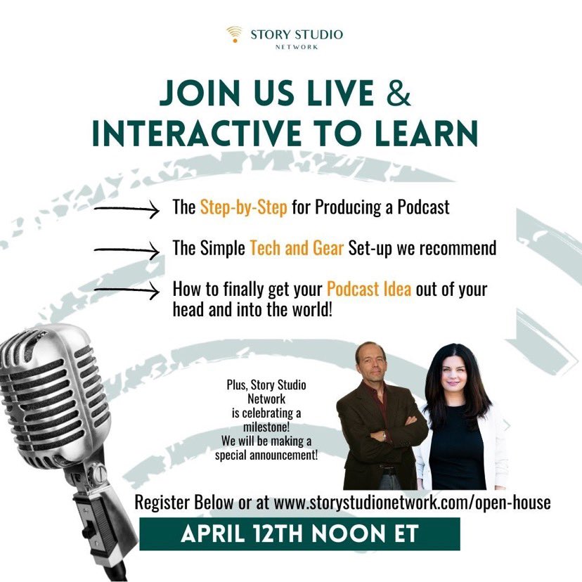 StoryStudioNet's tweet photo. You're invited!
SSN is hosting an Open House all about Production Made Simple. 

Answering your Q’s about: 
- How to organize and plan your podcast content
- Best practices when it comes to production
- Tech you need to produce an awesome show

Tuesday, April 12th at Noon ET. https://t.co/Aw1zKj3BqN
