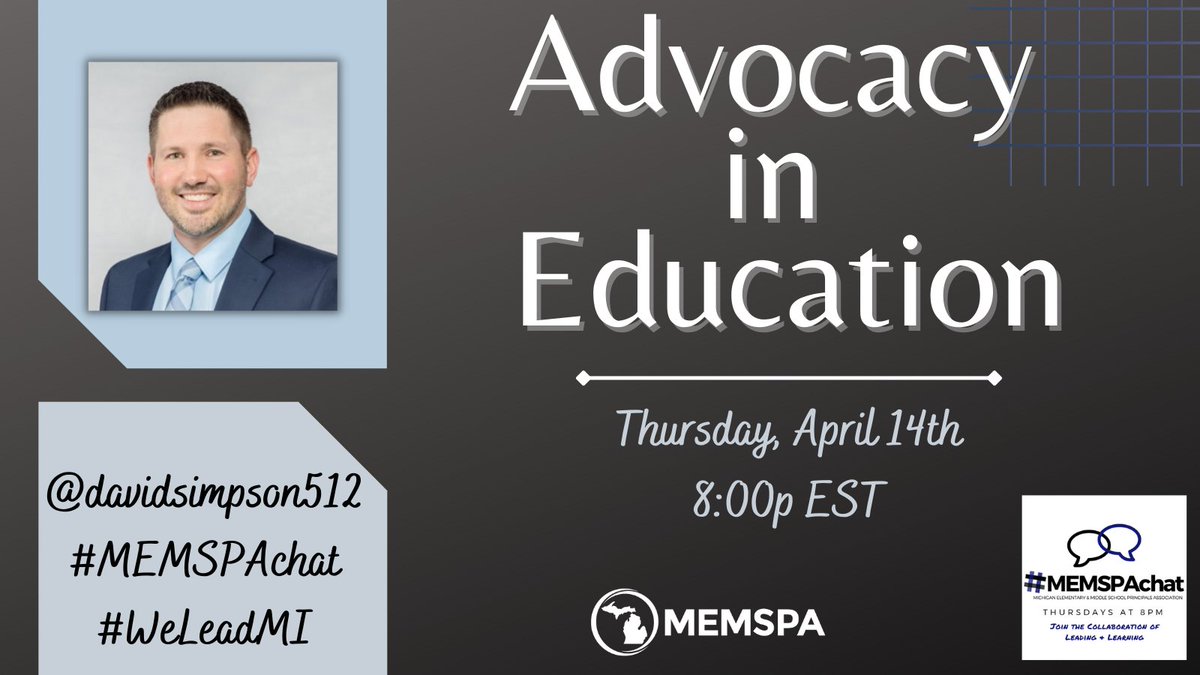 vgilbert3's tweet photo. Join us for Advocacy in Education w/ @davidsimpson512 during #MEMSPAChat Thurs 8pm EST #PrimaryStemChat
#PrincipalOfficeHours
#Games4Ed
#GTChat
#MSChat
#OctMChat
#PAECTChat
#RelationShift
#InELearn
#SaskEdChat
#WaledChat
#K12ArtChat
#DitchBook https://t.co/TWcAePY5G3