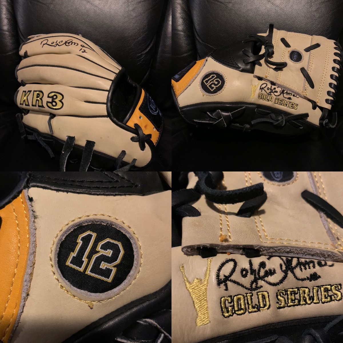 BallparkMemo's tweet photo. New to the collection is this KR3 Gold Glove Roberto Alomar series.  This glove belonged to the Hall of Famer himself. #robertoalomar #robbiealomar #memorabilia https://t.co/FMGSSTriMz