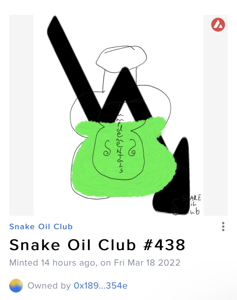 TheBallnChikn's tweet photo. What do you think of my @SnakeOilClub?
@0xUrkel ππΌ Thank you!!
#MintedWithKindness
50 #AVAX??? Yeah Right! Not selling! #hodl https://t.co/CEulnvUQyn