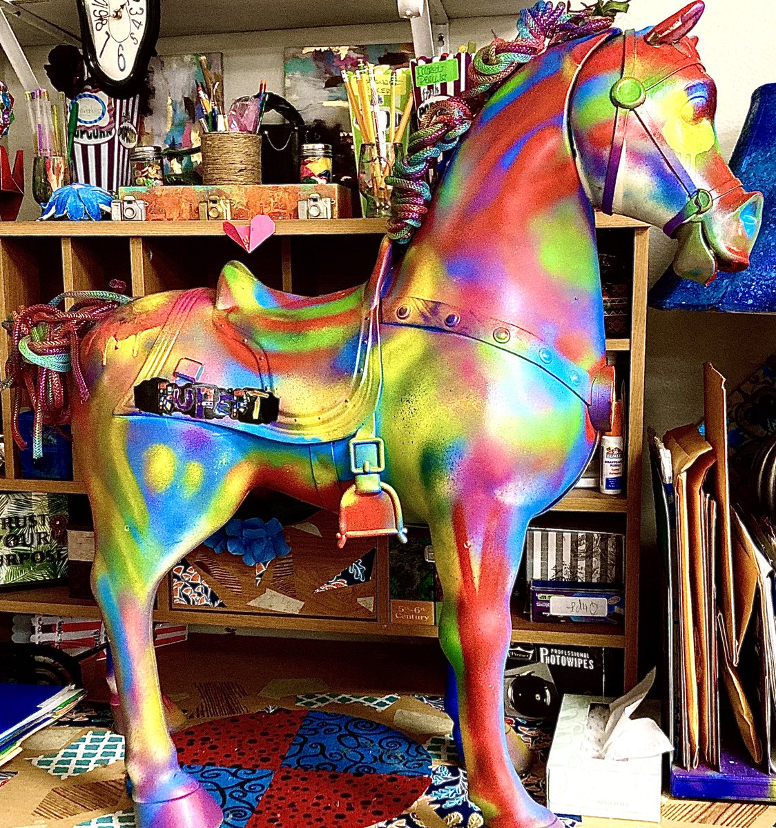 Didn’t notice the correlation until now, but I Painted Rupert to match the OP Art Show poster. My favorite color is rainbow 🌈 &amp; my Muchness Is Muchy. Don’t forget: OPHS Art Show > This Thursday 4/14/22 >from 3:00-7:30, Full of Creatively Collaborated Compilations! 🎨🗝❤️~Bx2