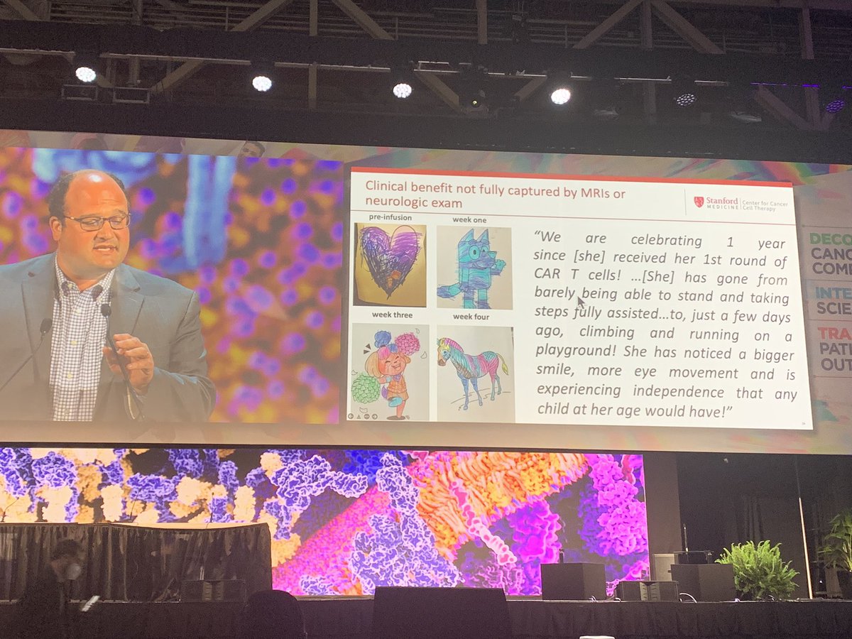 When a pediatric oncologist gives a plenary talk at #AACR2022, you see evidence of CAR-T cell success with improvement in coloring skills. So proud and grateful to our brave patients. Congrats to @Majzner_Lab for an amazing talk. @SRamakrishna_MD @MackallLab @michelle_monje