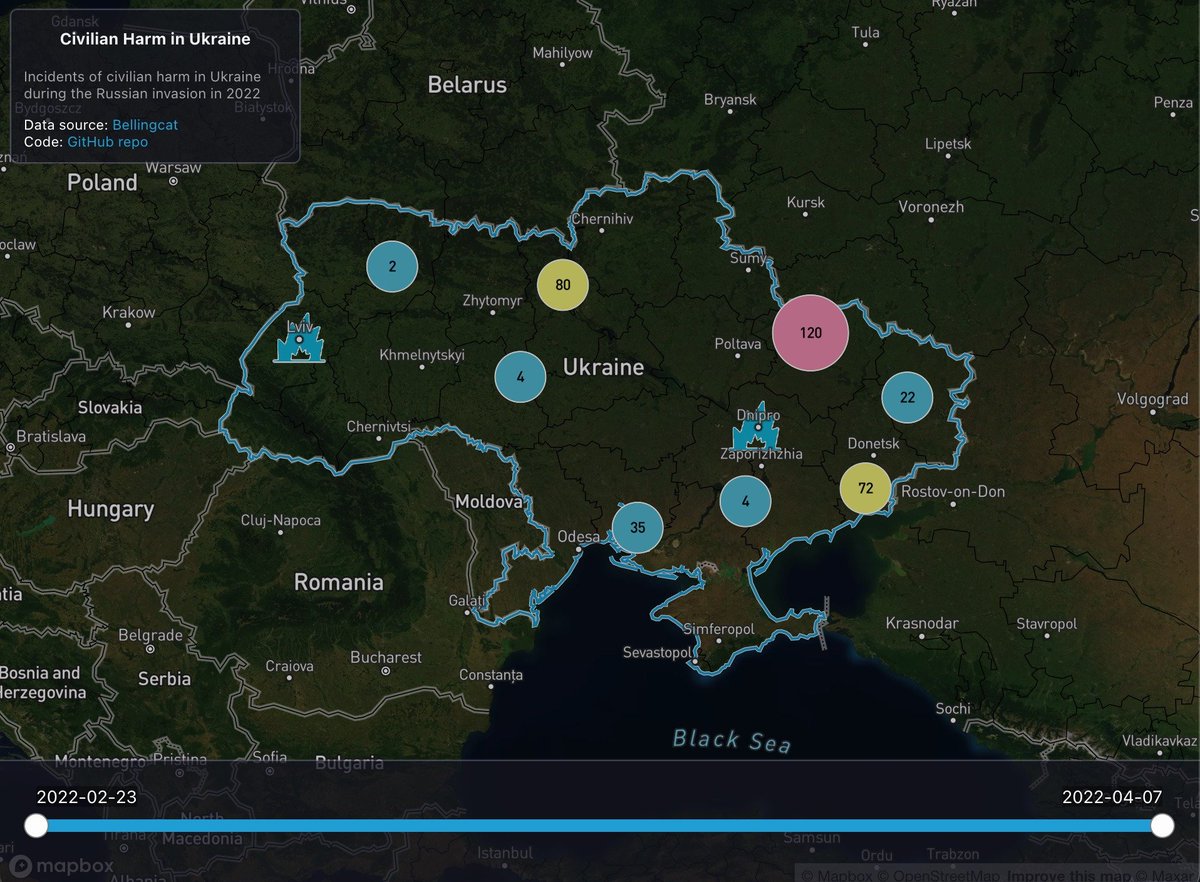ilyabo's tweet photo. I put together this map showing civilian harm in Ukraine for which there's evidence online, based on the data and the original map from @bellingcat 
 👉 https://t.co/wvKHWmefPz https://t.co/FcEhfK3OYv
