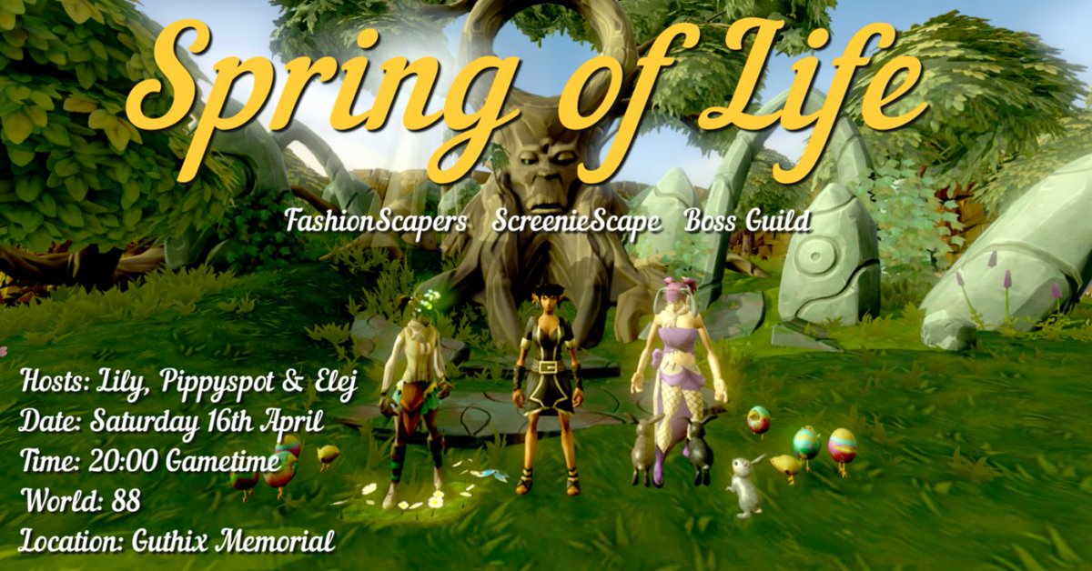 Do you love FashionScape &amp; Bosses? Get your Spring/Easter themed outfit on and some weapons, armour and food! Bring your friends too <3

20:00-20:30 - FashionScape &amp; Screenshot Party
20:30-21:00 - Vindicta Mass

<a href="/RuneScape/">RuneScape</a> <a href="/RSBossGuild/">Boss Guild</a> <a href="/FashionScaping/">FashionScapers</a> <a href="/ScreenieScape/">ScreenieScape</a>