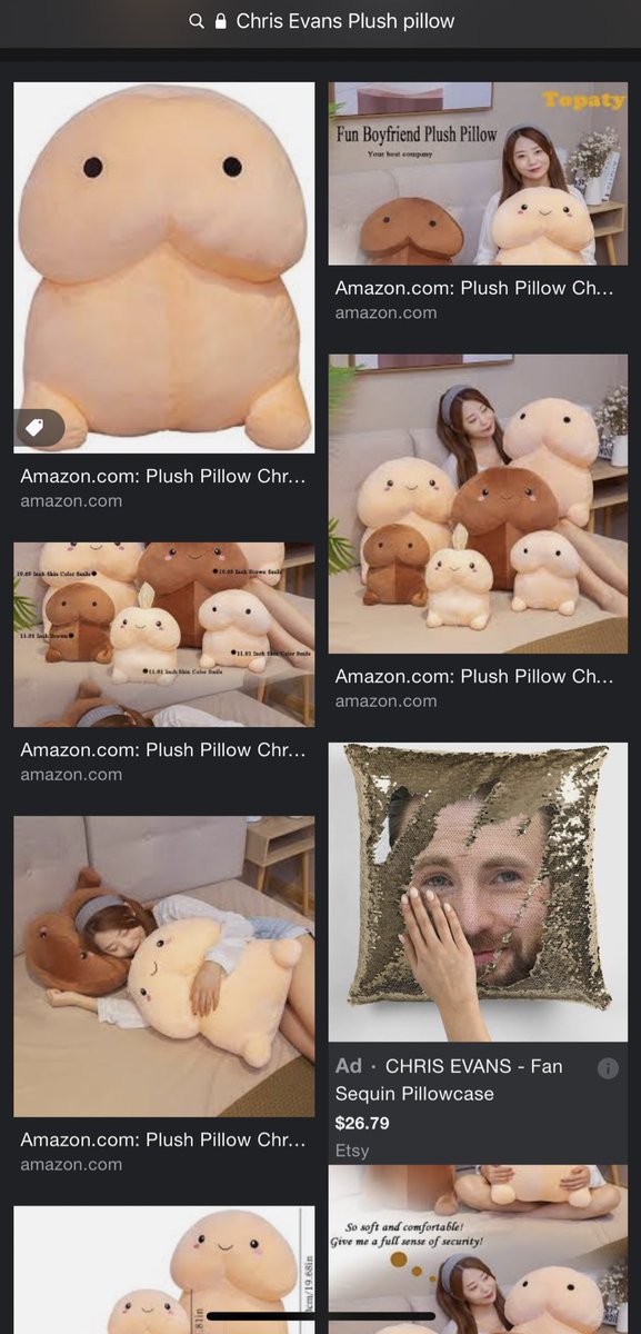 Since Chris Evans is trending just wanted to let everyone know that if you search Chris Evans Plush Pillow you get mostly penis pillows. Even google is trolling him for that accidental dick pic. Lol https://t.co/jkBwFe6dty