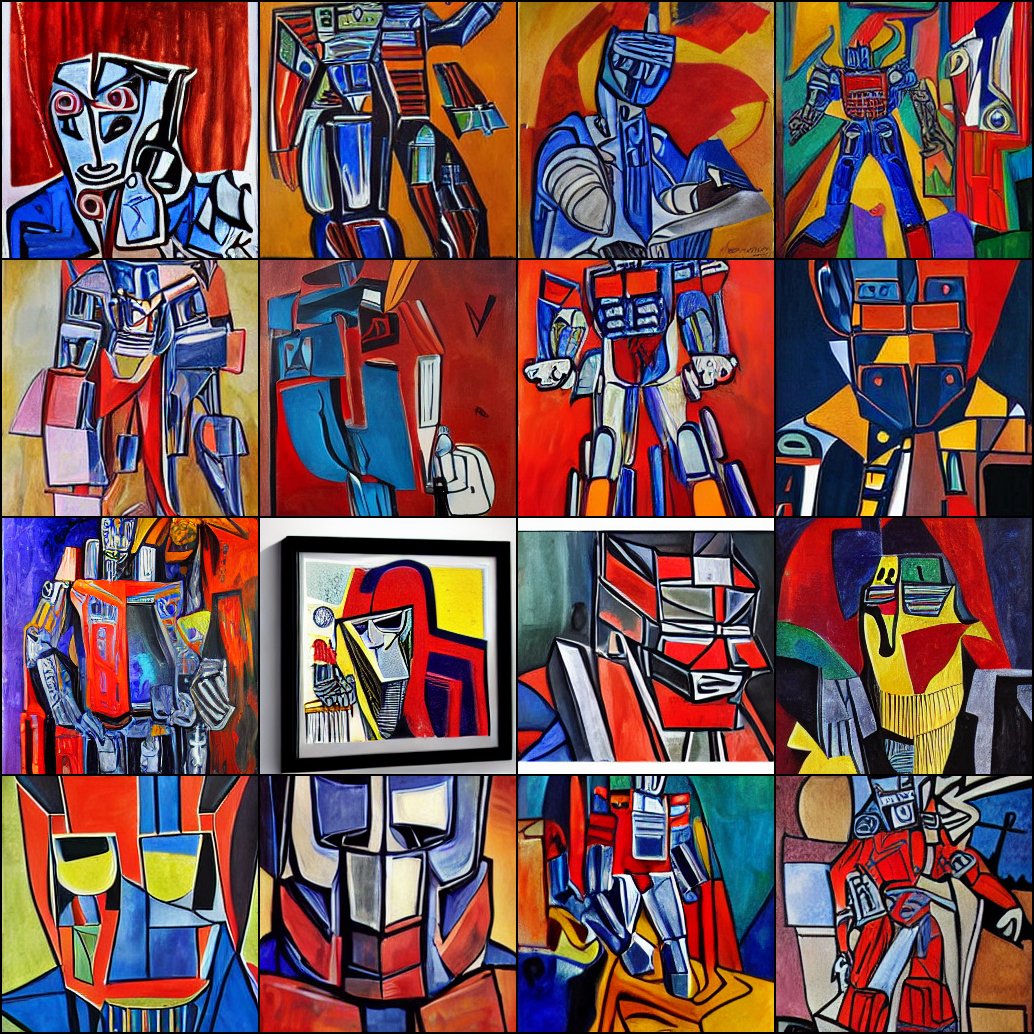 RiversHaveWings's tweet photo. "A painting of Optimus Prime by [Pablo Picasso/Claude Monet/Salvador Dali/Albert Bierstadt], oil on canvas" https://t.co/1xPmbBw9Ky