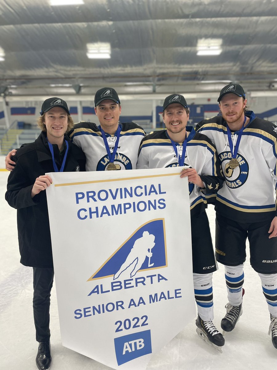 WranglersHockey's tweet photo. Congrats to @LacombeAAHC rookies and @WranglersHockey alumni. They beat Fort Sask in OT to win the Senior AA Provincial title. #winningisfun https://t.co/ldbDsUzzmm