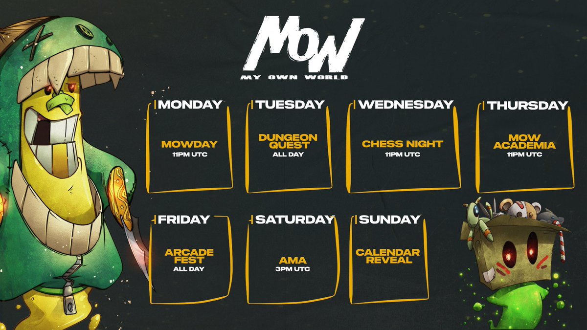 stedfastt's tweet photo. Behold the very first @MyOwnWorldNFT Calendar! 😁

In an effort to build structure we have created a calendar for our community so that you all would see a clearer picture of what’s happening and have events to look forward to. Follow MOW and enter the discord to join us. #NFTs https://t.co/MlfTwDvuT6