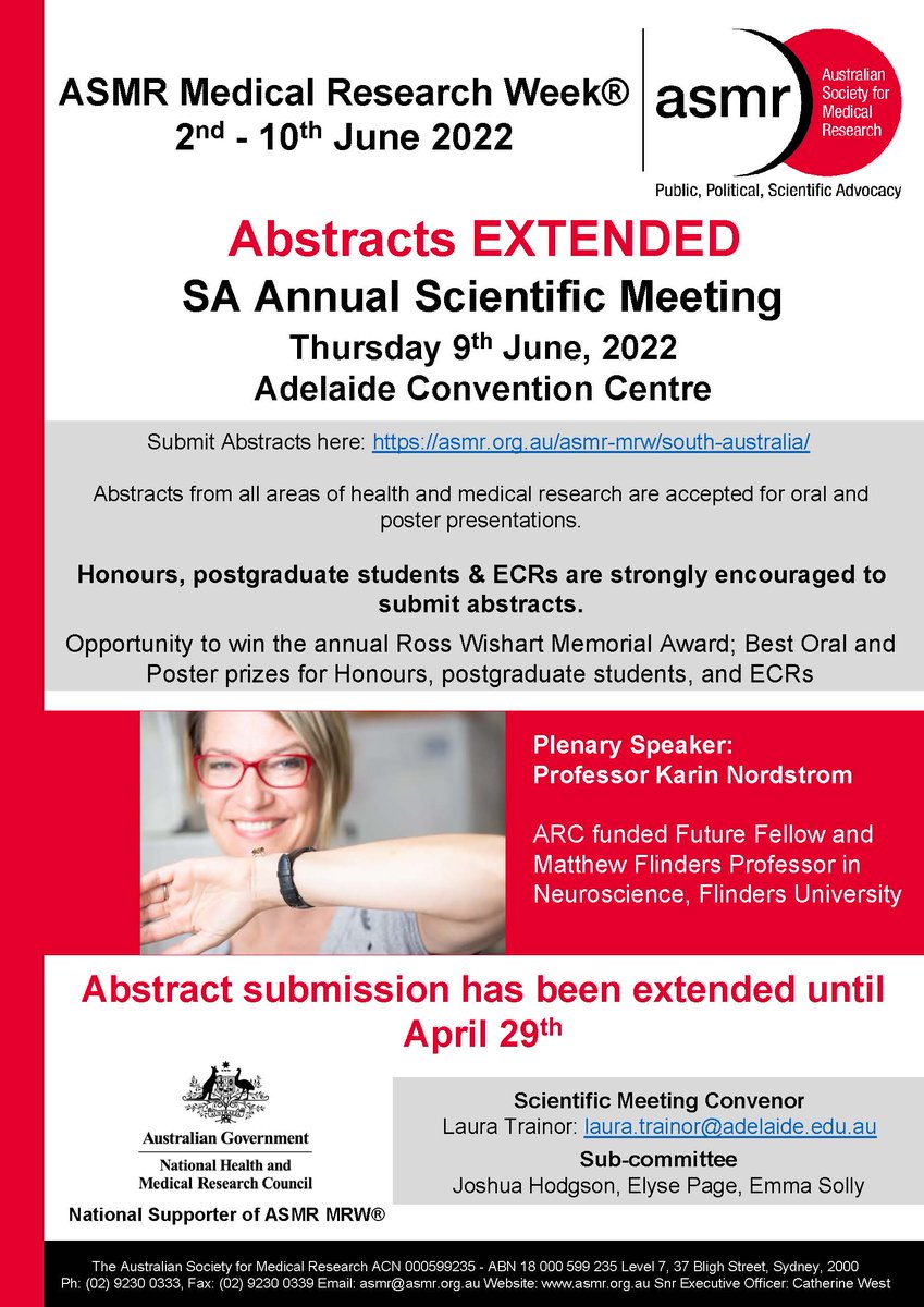 🗣📣 Calling all South Australian students and ECRs! 

Abstract submissions for the <a href="/TheASMR1/">The Australian Society for Medical Research (ASMR)</a> SA Annual Scientific Meeting are EXTENDED to COB 29th April 🙌

Missed presenting your work because of COVID? Here is your chance!

Register + submit here: asmr.org.au/asmr-mrw/south…
