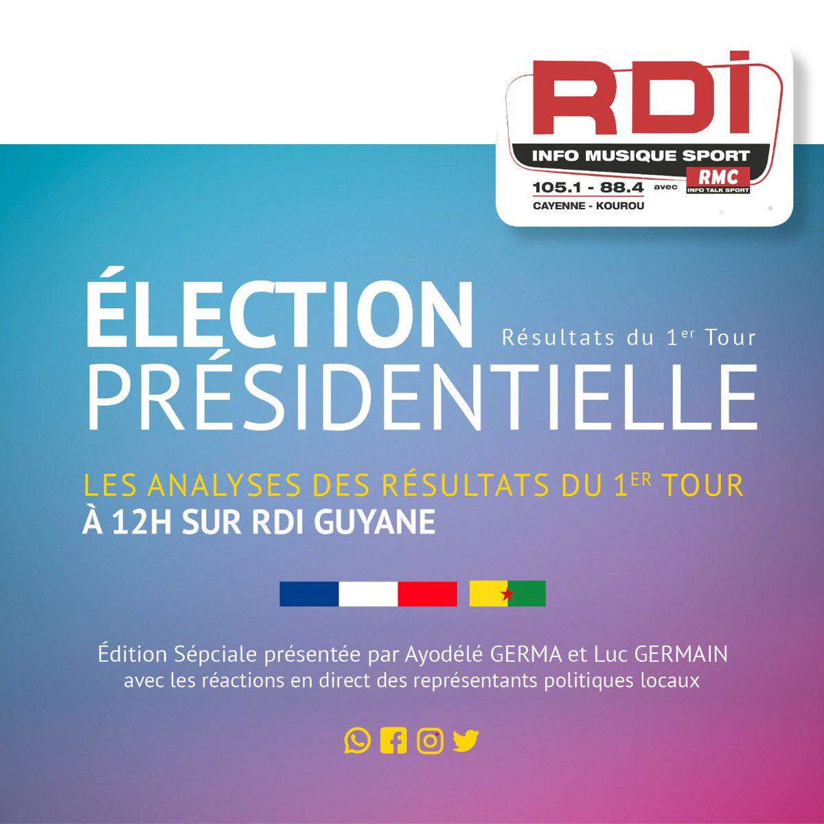 rdi_guyane's tweet photo. Lundi 11 avril à 12h suivez sur RDI #Guyane les réactions et les analyses du 1er Tour de l'élection #presidentielle2022 dans "L'INVITÉ.E DE L'ACTU", présenté par Ayodélé GERMA et Luc GERMAIN https://t.co/hhndA3WitD