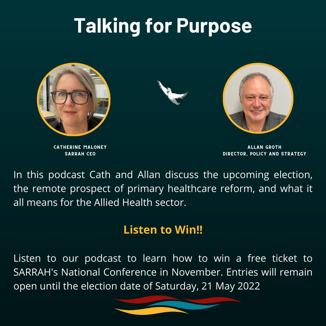 SARRAHealth's tweet photo. Talking for Purpose 
Listen to latest podcast here https://t.co/VkiZ7C198C for your chance to win a FREE registration for the SARRAH Conference 2022 in November. 
#alliedhealth #whereareyouheadedtoday #ruralgeneralist #talkingforpurpose https://t.co/c6bBSUXvce