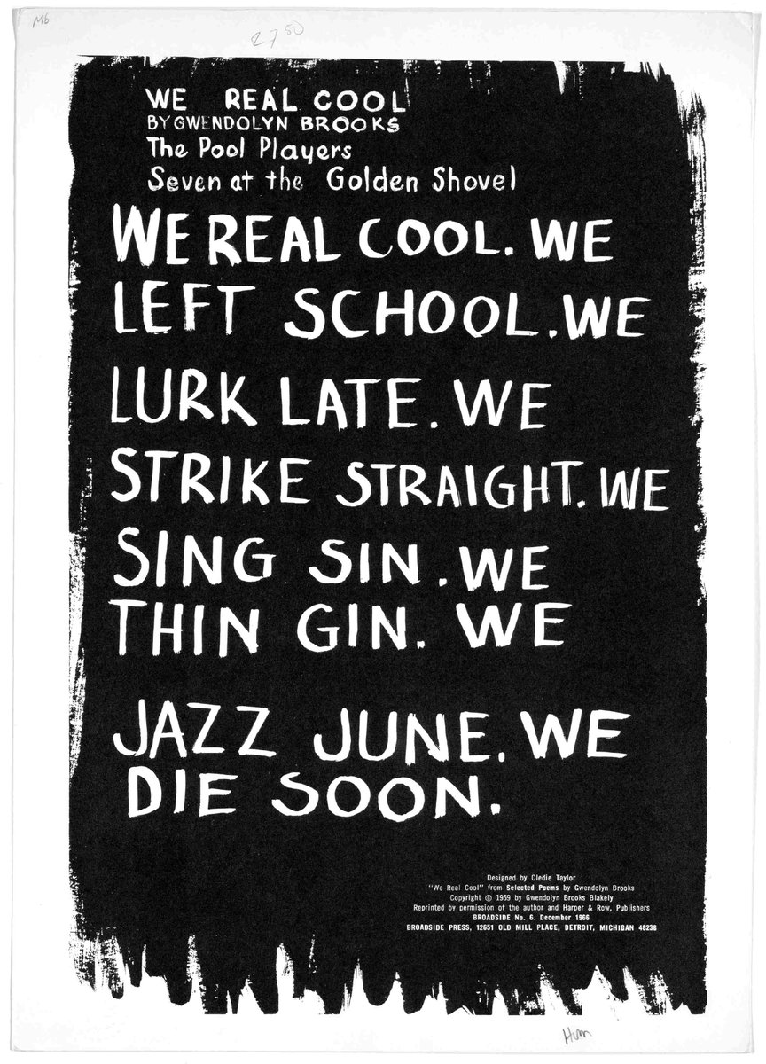 susanamper's tweet photo. April is Poetry Month. "We Real Cool" by Gwendolyn Brooks, 1966. #poetrycommunity #poetry #gwendolynbrooks #werealcool https://t.co/rBVDfBGJq2