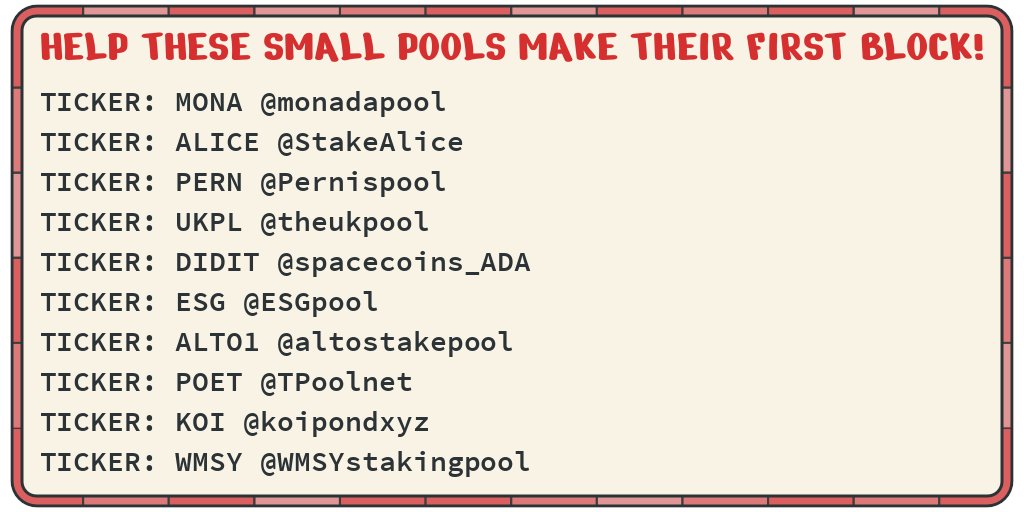 These pools need your stake to help them get their FIRST block! #cardano <a href="/StakeAlice/">AliceStakePool</a> @Pernispool <a href="/theukpool/">TheUKPool</a> <a href="/spacecoins_ADA/">spacecoins official</a> <a href="/ESGpool/">ESGpool</a> @altostakepool <a href="/TPoolnet/">The Poolnet</a> <a href="/koipondxyz/">koipond.xyz</a> @WMSYstakingpool