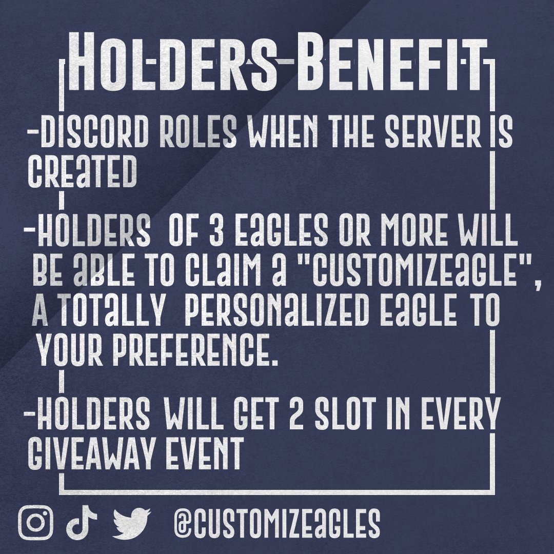 CustomizEagles's tweet photo. For everyone who supports and joins our community: The Holders Benefit

#nft #nfts #nftcommunity #nftcollector #nftcollectors #nftcollectibles #opensea #nftcollection #nftart #nftartwork #nftartist #customizeagles https://t.co/lqoMmna1bW