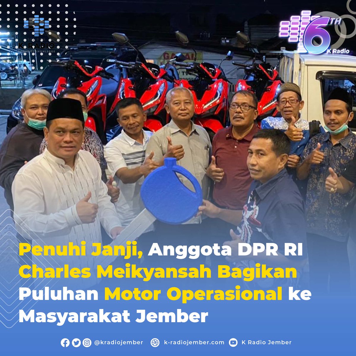 kradiojember's tweet photo. Anggota DPR RI Dapil Jember – Lumajang, Charles Meikyansah membagikan 27 unit motor kepada sejumlah warga Kabupaten Jember. Baca berita selengkapnya di: https://t.co/0q7QBlOLoM https://t.co/9klPp2NoHU