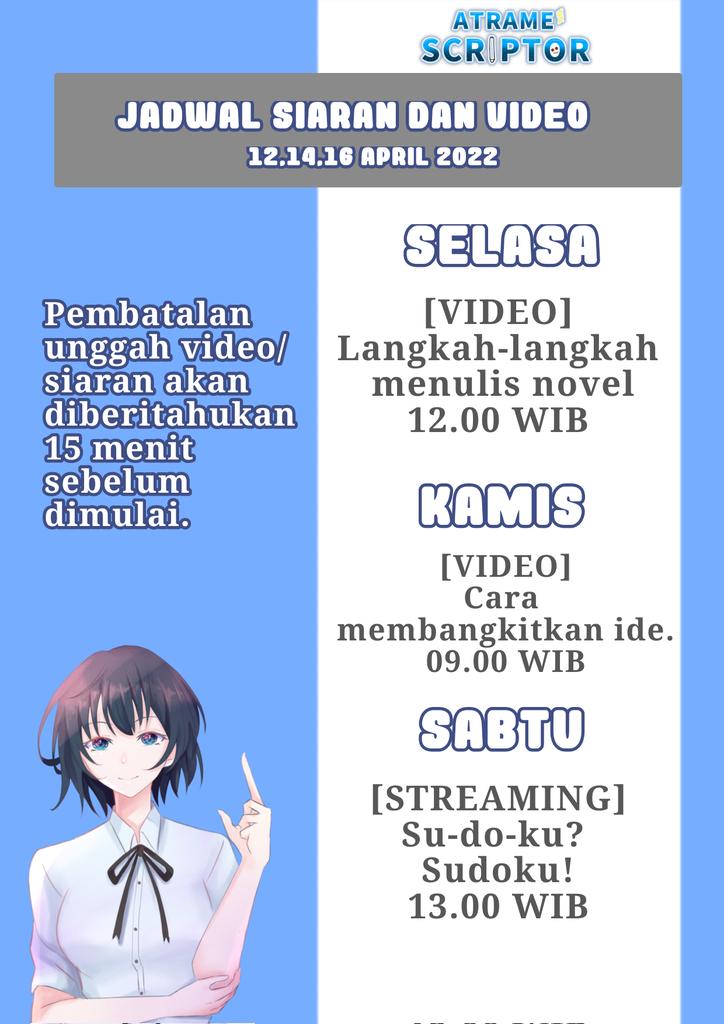 Atramescriptor's tweet photo. Halo-halo! Ini jadwal siaran dan unggah video Atra yaa. Untuk hal lain-lain dijelaskan difoto ๐
Jadi gimana? Siap bertemu ku lagi?
ใHastagใ
General : #Atramescriptor
Fan Art : #Atrart
FanName : Bookiesh
Live : #Atraraivu
Clip : #Cutscript
Meme : #Atrameme https://t.co/MAOQNYvWgo