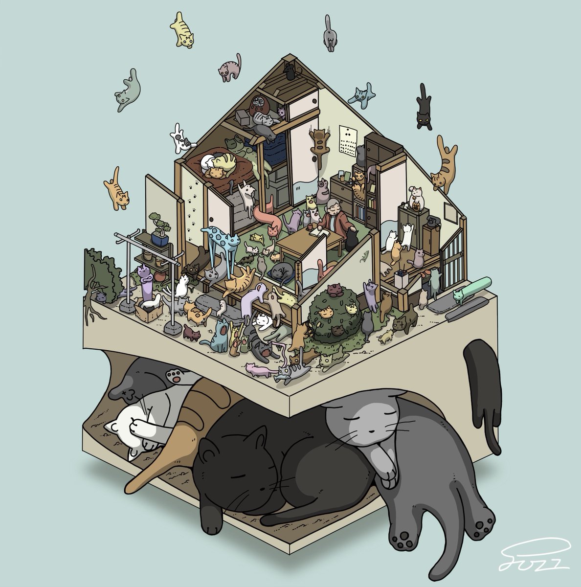 cat black cat stairs animal too many sleeping potted plant  illustration images