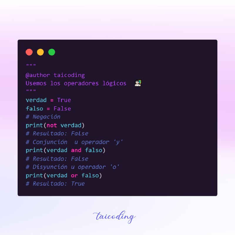 taicoding's tweet photo. En este post aprenderás que son los datos booleanos, como se declaran variables de este tipo en #python y como usar los operadores lógicos.
#pythonprogramming #pythoncode #wwcode #womenintech #GirlsWhoCode #programmer #Software #coding #codelife #computersience
#programinglife