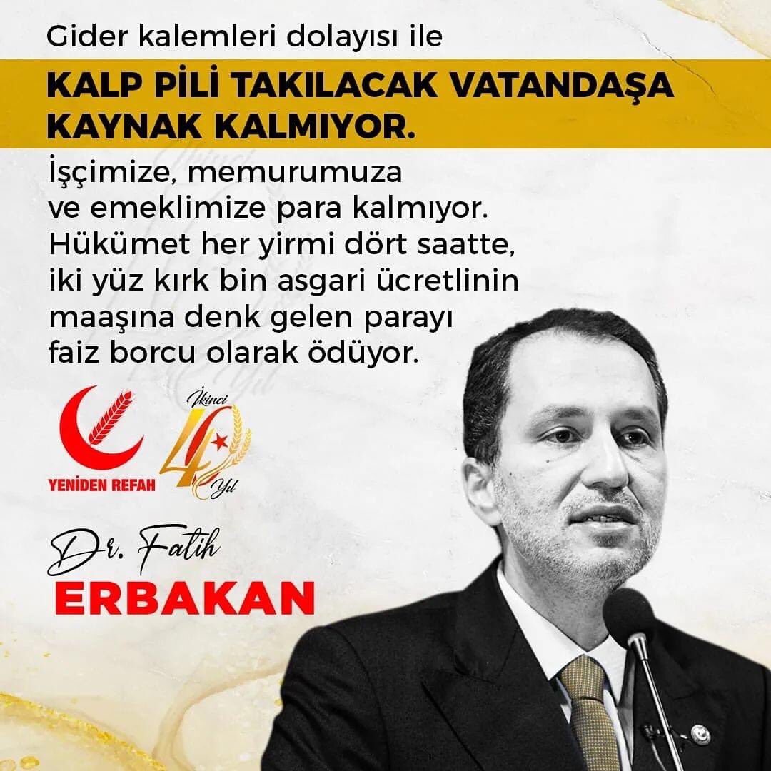 yusufkz84991954's tweet photo. Gider kalemleri dolayısı ile #KalpPili takılacak #vatandaşa kaynak kalmıyor. İşçimize, #memurumuza ve #emeklimize para kalmıyor. #Hükümet her yirmi dört saatte, iki yüz kırk bin asgari ücretlinin maaşına denk gelen parayı #faizborcu olarak ödüyor.
Dr. Fatih Erbakan
#İkinci40yıl https://t.co/gIl7PpZHy8