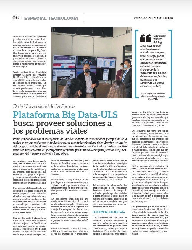 ESPINDOLARELLAN's tweet photo. Amigos comparto con ustedes el Especial de Tecnología  publicado en @eldia_cl en que se presenta el trabajo de nuestro gran equipo #BigDataULS sumamente a la red de instituciones y empresas que colaboran por construir Sociedad con y a través de los #DATOS @userena @ingenieriauls https://t.co/cM8W8uO07t