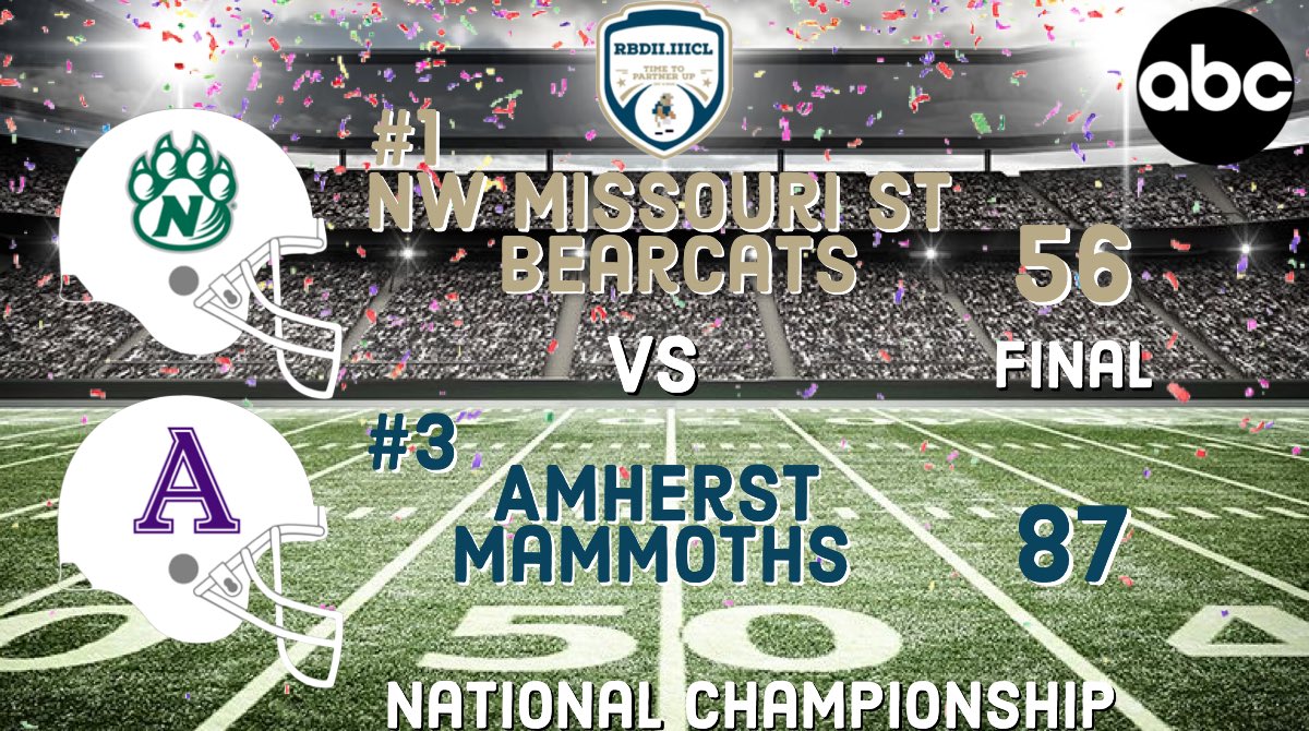 Amherst’s offense continues their onslaught as Northwest runs out of gas! From an OT classic to the largest margin of victory in a National Championship game! Amherst left no doubt as they complete the first three peat in league history against their rivals! Unbelievable!