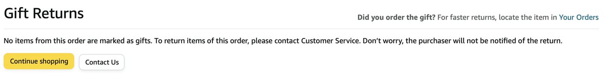 lukestempien's tweet photo. @AmazonHelp I Kayla, thanks for this information. I tried returning this via the gift return form. However, when I do I see this message. Clicking “Contact Us” just brings me back to the standard customer support webpage. https://t.co/dORKh9hYg7